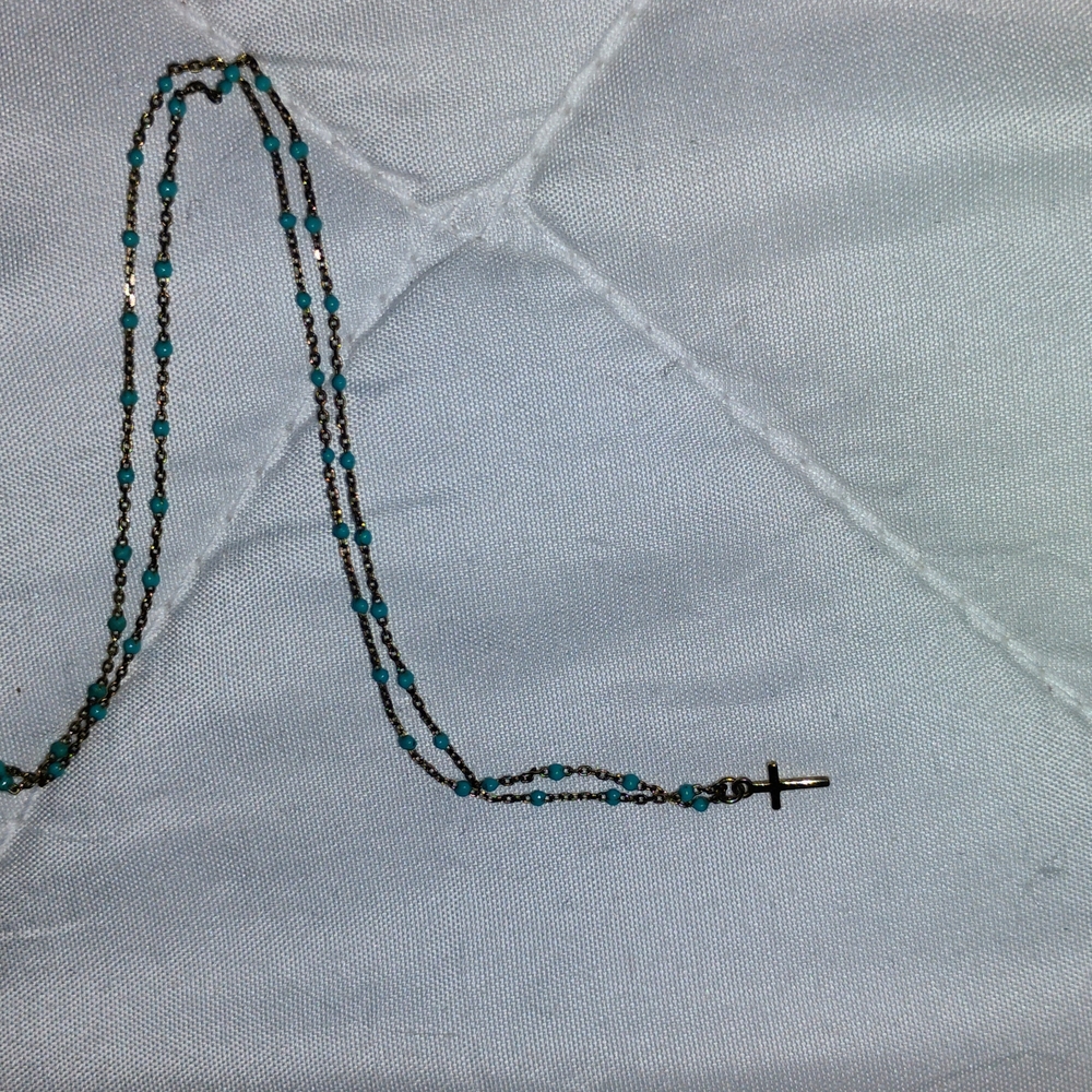 Blue and Black Beaded Necklace with Cross Pendant